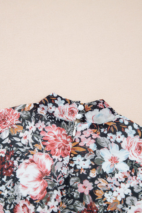 Floral Allover Print Mock Neck Bodycon Long Sleeve Midi Dress