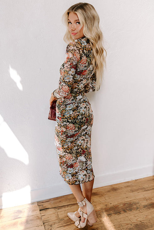 Floral Allover Print Mock Neck Bodycon Long Sleeve Midi Dress