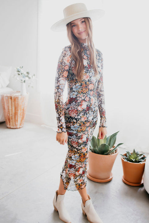 Floral Allover Print Mock Neck Bodycon Long Sleeve Midi Dress