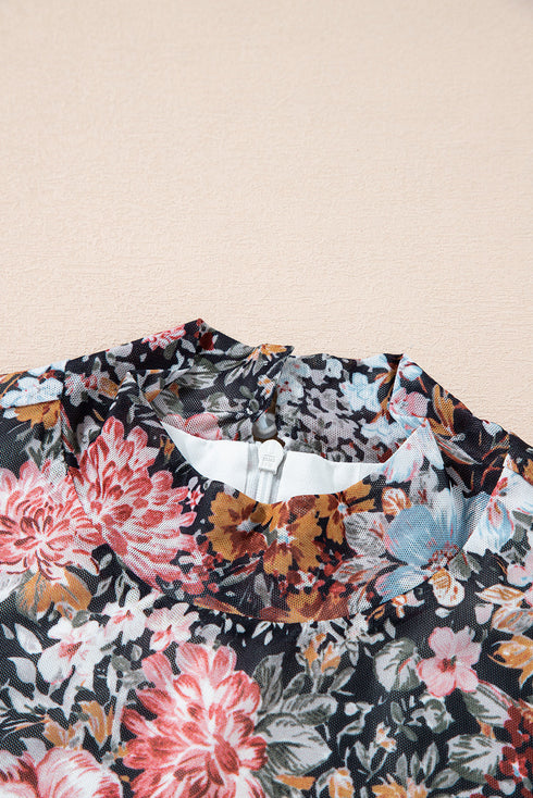 Floral Allover Print Mock Neck Bodycon Long Sleeve Midi Dress