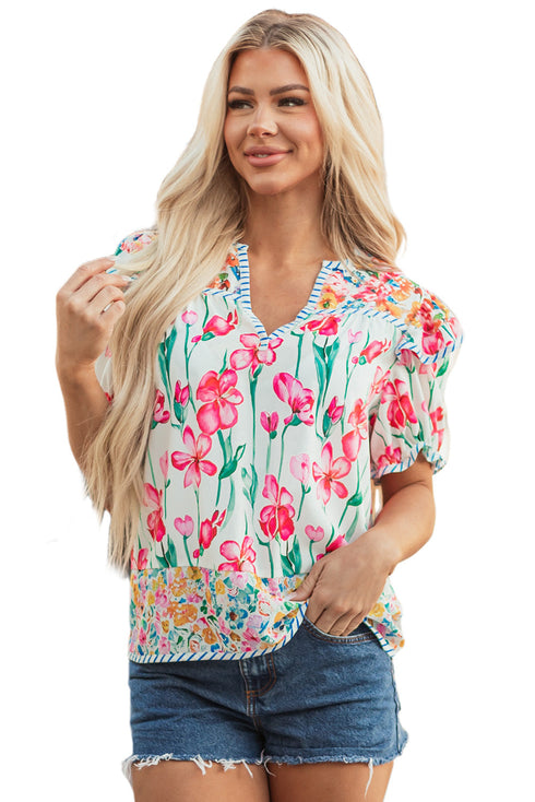 Floral And Stripe Split Neck Short Sleeve Blouse
