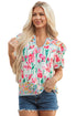 Floral And Stripe Split Neck Short Sleeve Blouse