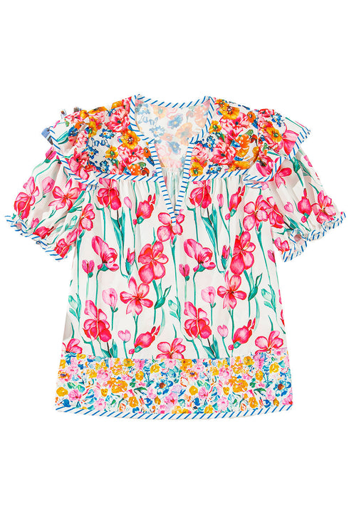 Floral And Stripe Split Neck Short Sleeve Blouse