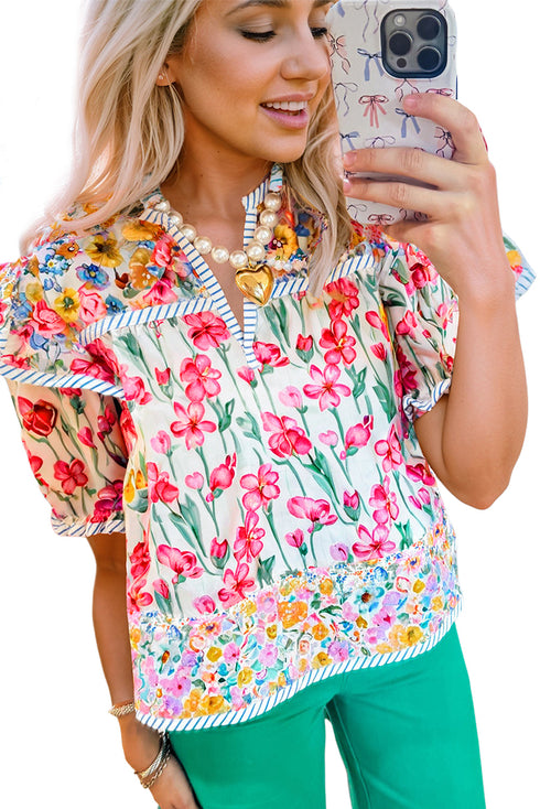 Floral And Stripe Split Neck Short Sleeve Blouse
