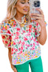Floral And Stripe Split Neck Short Sleeve Blouse