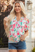 Floral And Stripe Split Neck Short Sleeve Blouse
