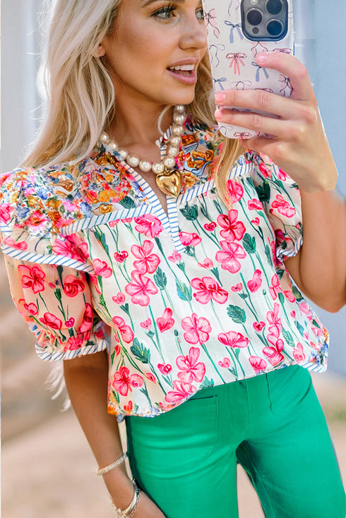Floral And Stripe Split Neck Short Sleeve Blouse