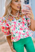 Floral And Stripe Split Neck Short Sleeve Blouse