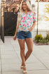 Floral And Stripe Split Neck Short Sleeve Blouse