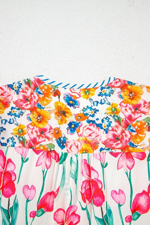 Floral And Stripe Split Neck Short Sleeve Blouse