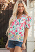 Floral And Stripe Split Neck Short Sleeve Blouse