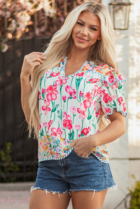Floral And Stripe Split Neck Short Sleeve Blouse