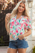 Floral And Stripe Split Neck Short Sleeve Blouse