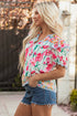 Floral And Stripe Split Neck Short Sleeve Blouse