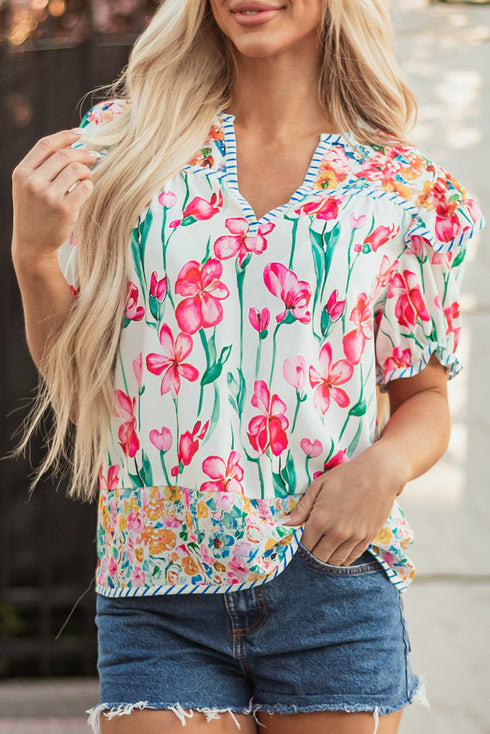 Floral And Stripe Split Neck Short Sleeve Blouse