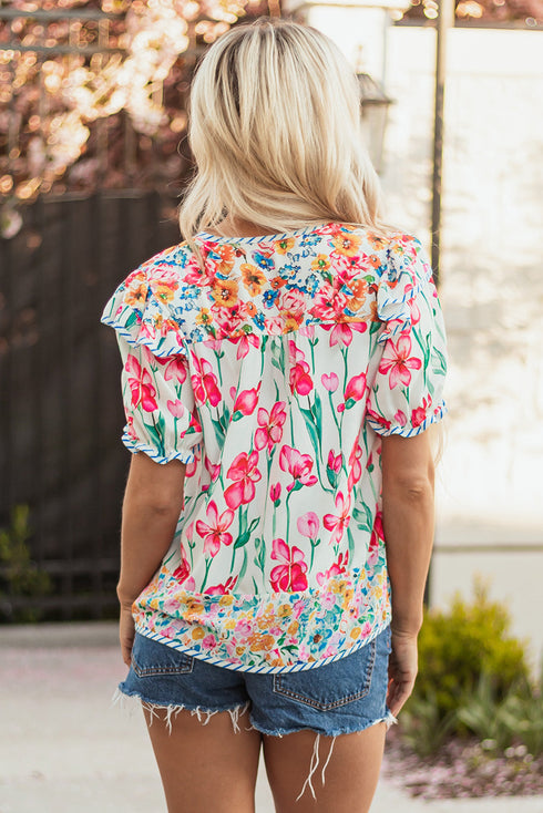 Floral And Stripe Split Neck Short Sleeve Blouse