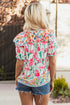Floral And Stripe Split Neck Short Sleeve Blouse