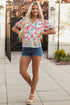 Floral And Stripe Split Neck Short Sleeve Blouse