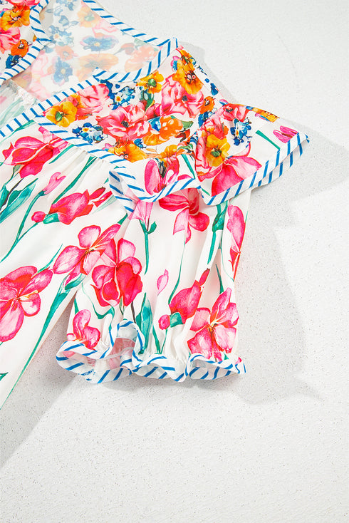Floral And Stripe Split Neck Short Sleeve Blouse