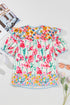 Floral And Stripe Split Neck Short Sleeve Blouse