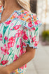 Floral And Stripe Split Neck Short Sleeve Blouse