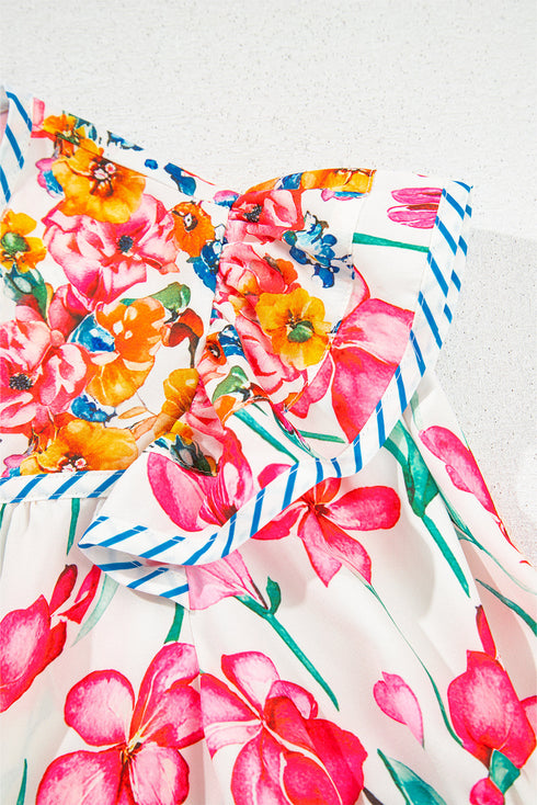 Floral And Stripe Split Neck Short Sleeve Blouse