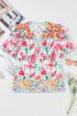 Floral And Stripe Split Neck Short Sleeve Blouse