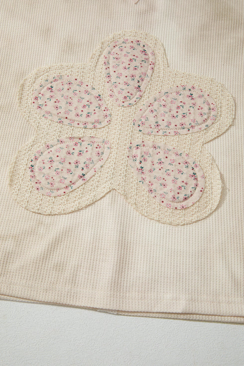 Floral Appliqu? Waffle Knit Long Sleeve Top