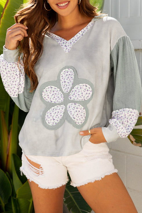 Floral Appliqu? Waffle Knit Long Sleeve Top