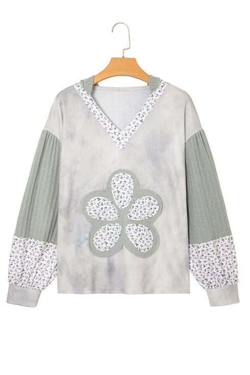 Floral Appliqu? Waffle Knit Long Sleeve Top