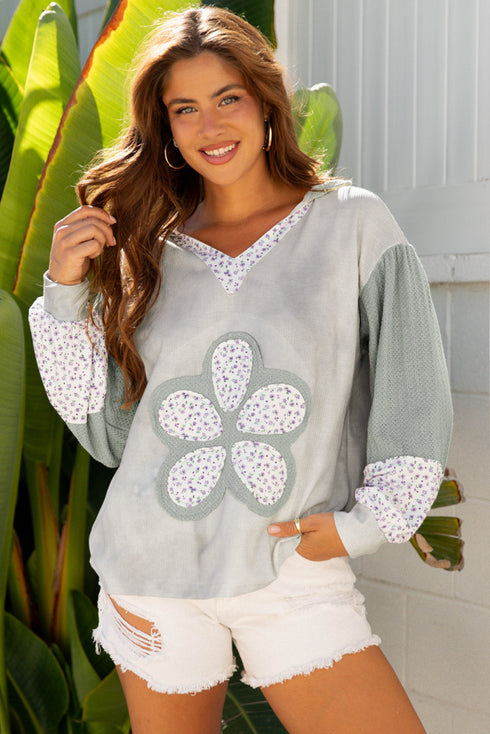 Floral Appliqu? Waffle Knit Long Sleeve Top