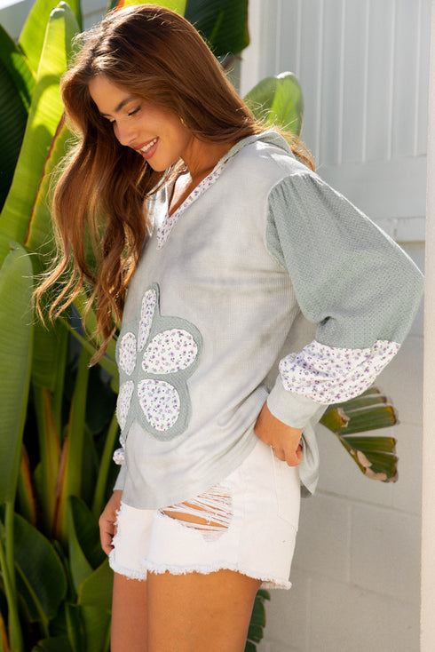 Floral Appliqu? Waffle Knit Long Sleeve Top