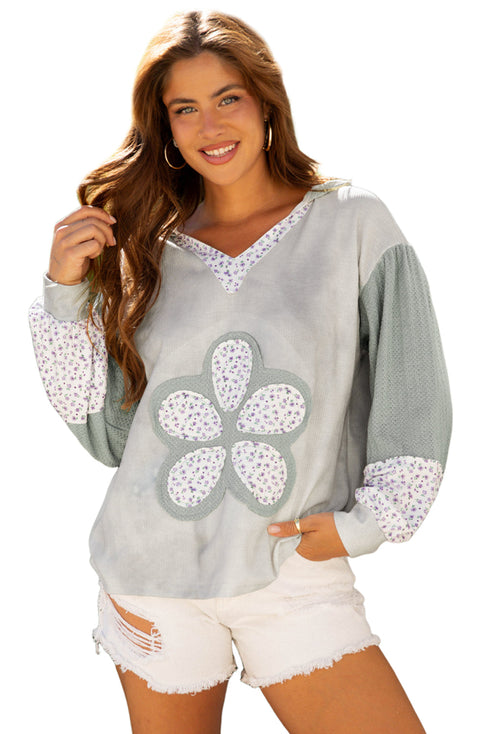 Floral Appliqu? Waffle Knit Long Sleeve Top