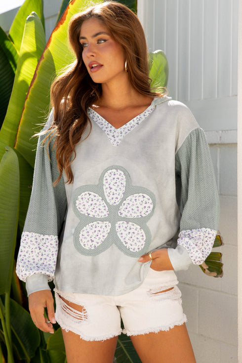 Floral Appliqu? Waffle Knit Long Sleeve Top