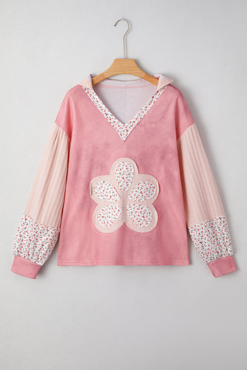 Floral Appliqu? Waffle Knit Long Sleeve Top