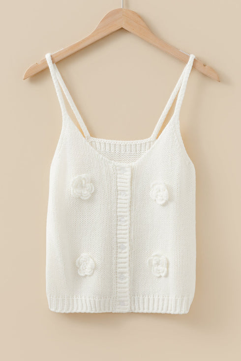 Floral Applique Button Front Sweater Knit Tank Top