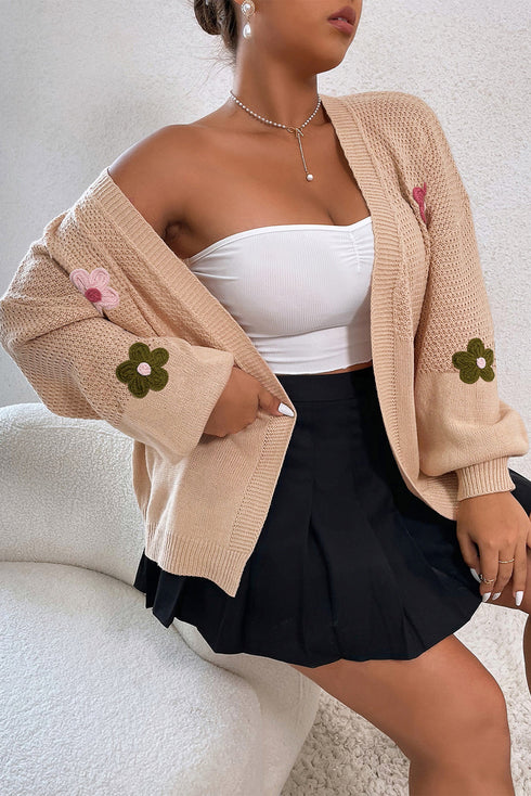 Floral Applique Drop Shoulder Bubble Sleeve Cardigan