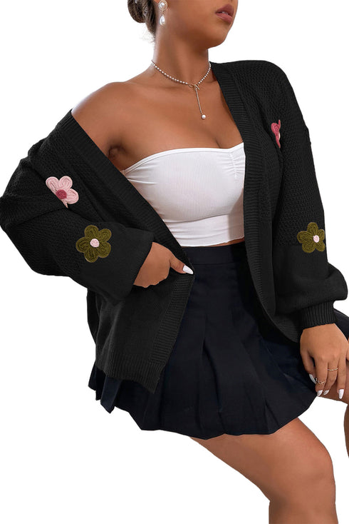 Floral Applique Drop Shoulder Bubble Sleeve Cardigan
