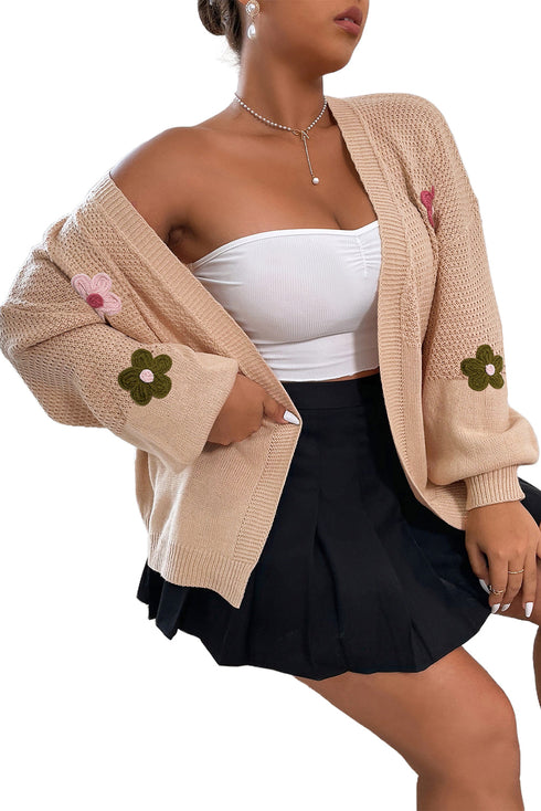 Floral Applique Drop Shoulder Bubble Sleeve Cardigan