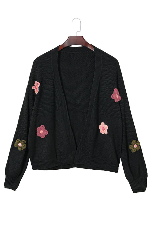 Floral Applique Drop Shoulder Bubble Sleeve Cardigan