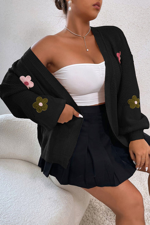 Floral Applique Drop Shoulder Bubble Sleeve Cardigan