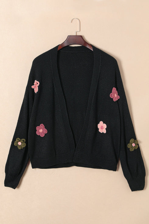 Floral Applique Drop Shoulder Bubble Sleeve Cardigan