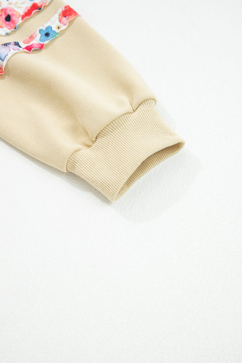 Floral Applique Drop Shoulder Patchwork Sleeve Oversized Pullover Sweatshirt