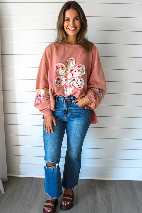 Floral Applique Drop Shoulder Patchwork Sleeve Oversized Pullover Sweatshirt