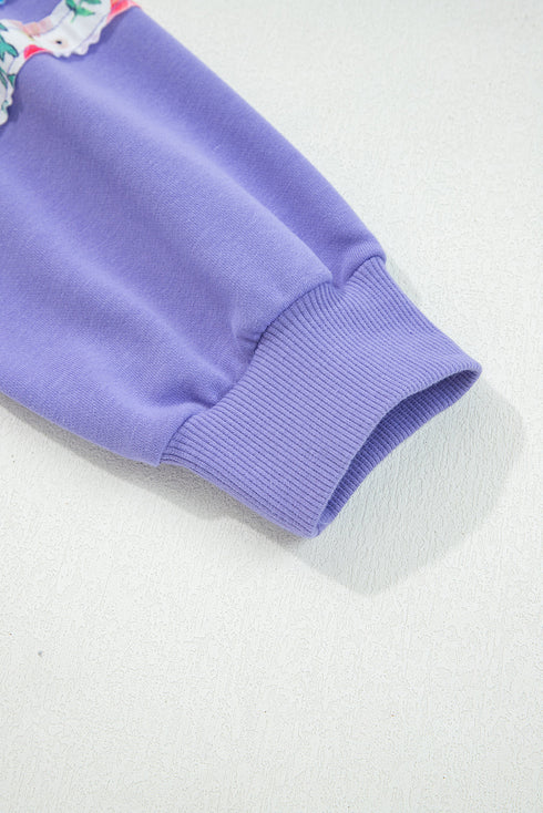 Floral Applique Drop Shoulder Patchwork Sleeve Oversized Pullover Sweatshirt