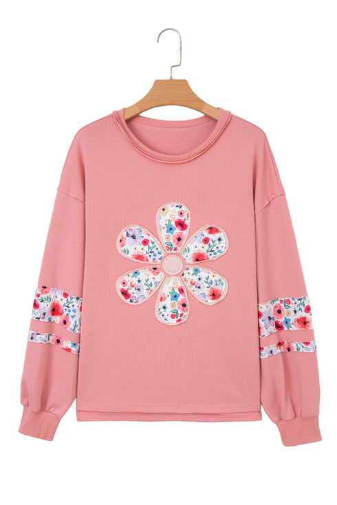 Floral Applique Drop Shoulder Patchwork Sleeve Oversized Pullover Sweatshirt