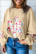 Floral Applique Drop Shoulder Patchwork Sleeve Oversized Pullover Sweatshirt