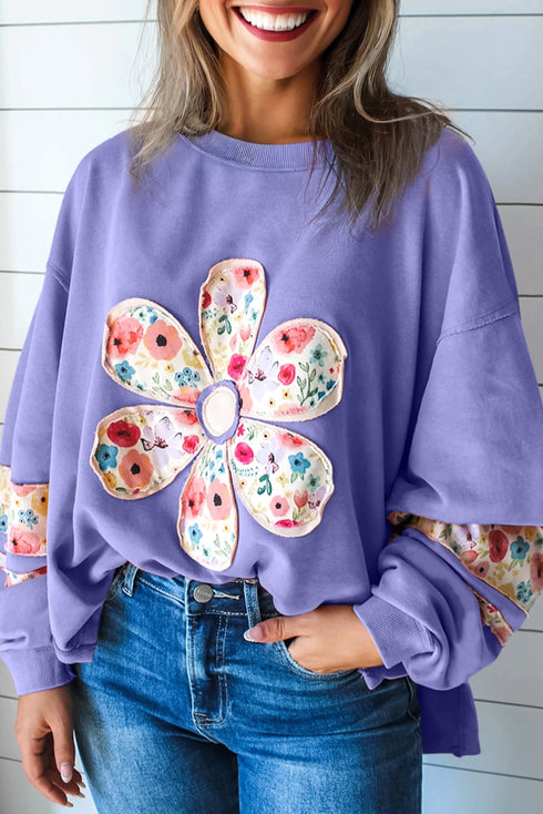 Floral Applique Drop Shoulder Patchwork Sleeve Oversized Pullover Sweatshirt