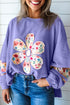 Floral Applique Drop Shoulder Patchwork Sleeve Oversized Pullover Sweatshirt