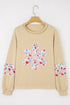 Floral Applique Drop Shoulder Patchwork Sleeve Oversized Pullover Sweatshirt